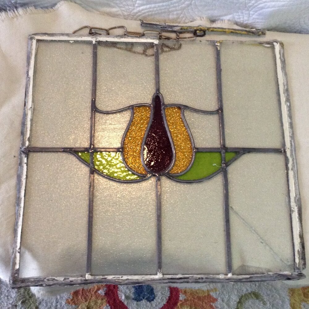 Antique 1900-1930 Stain Glass Tulip Panel, Hand Soldered, Granite Glass, English - Picture 2 of 3
